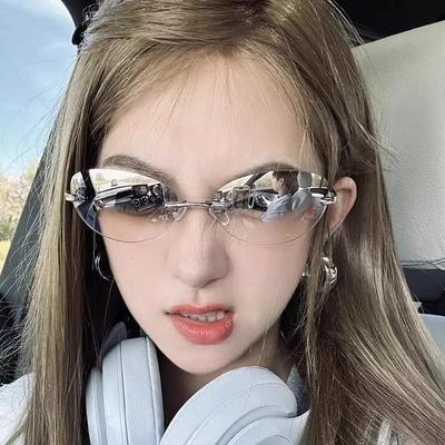 Cat Ear Rectangle Metal Frameless Sunglasses Uv400 Grey Lens Square Sun Glasses Retro Men Women Fashion Trendy Eyewear