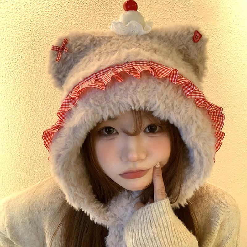 Cute Cherry Bear Plush Hat Women's Winter Thickened Warm Baotou Ear Protector Hairy Riding Lei Feng Hat