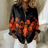 Women's Halloween Print Long Sleeve Button Down Shirt Casual Blouse