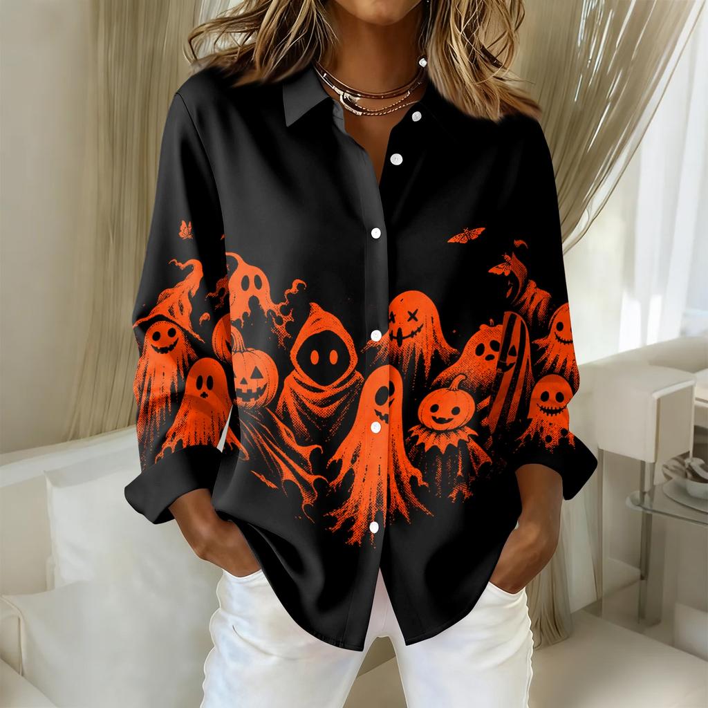 Women's Halloween Print Long Sleeve Button Down Shirt Casual Blouse