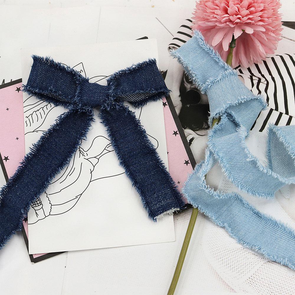 Denim Blue Ribbon Handmade Fringe Frayed Fabric for Wedding Invitations Bridal Bouquets Gifts Wrapping and Bow Handmade Material