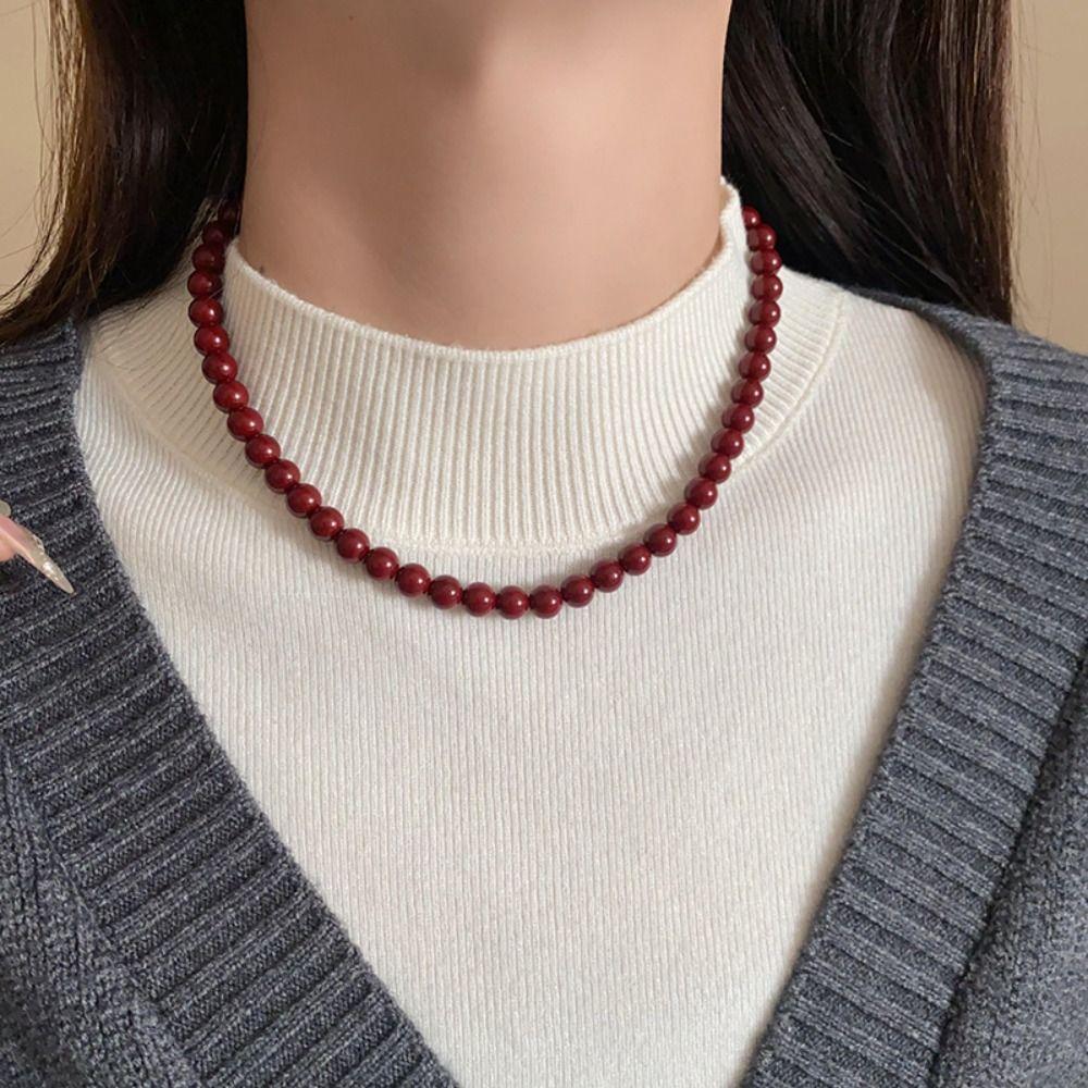 Vermilion Red Beaded Agate Choker Vintage Clavicular Chain Vermilion Red Beaded Necklace  Wedding