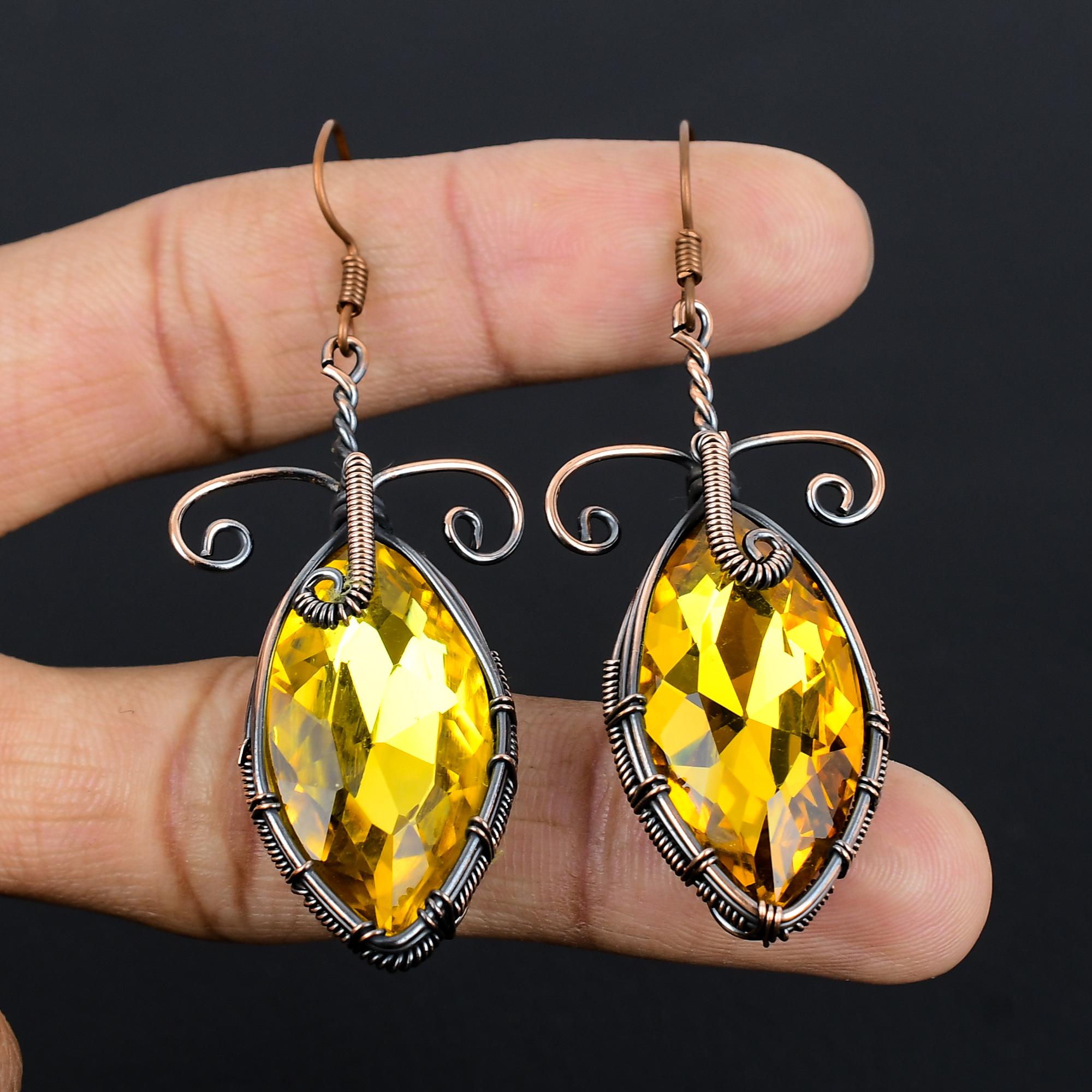 

Citrine & Mystic Topaz Earrings, 999 Copper Wire Wrapped Gemstone Jewelry, Handmade Earrings, For Thanksgiving 2.55 Inches