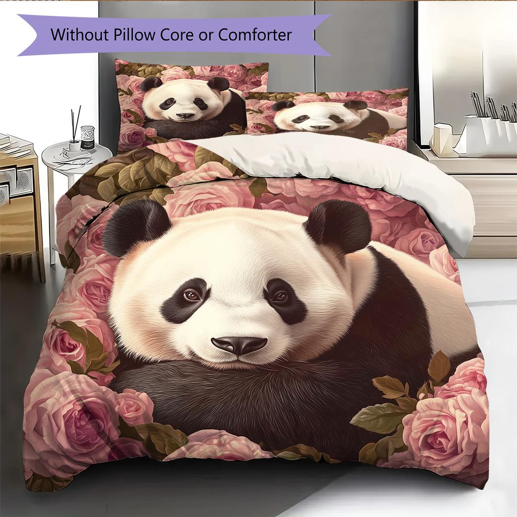 Panda and Rose Pattern Bedding Home Decoration Birthday Gift (1 * duvet cover + 2 * pillowcase, without core)