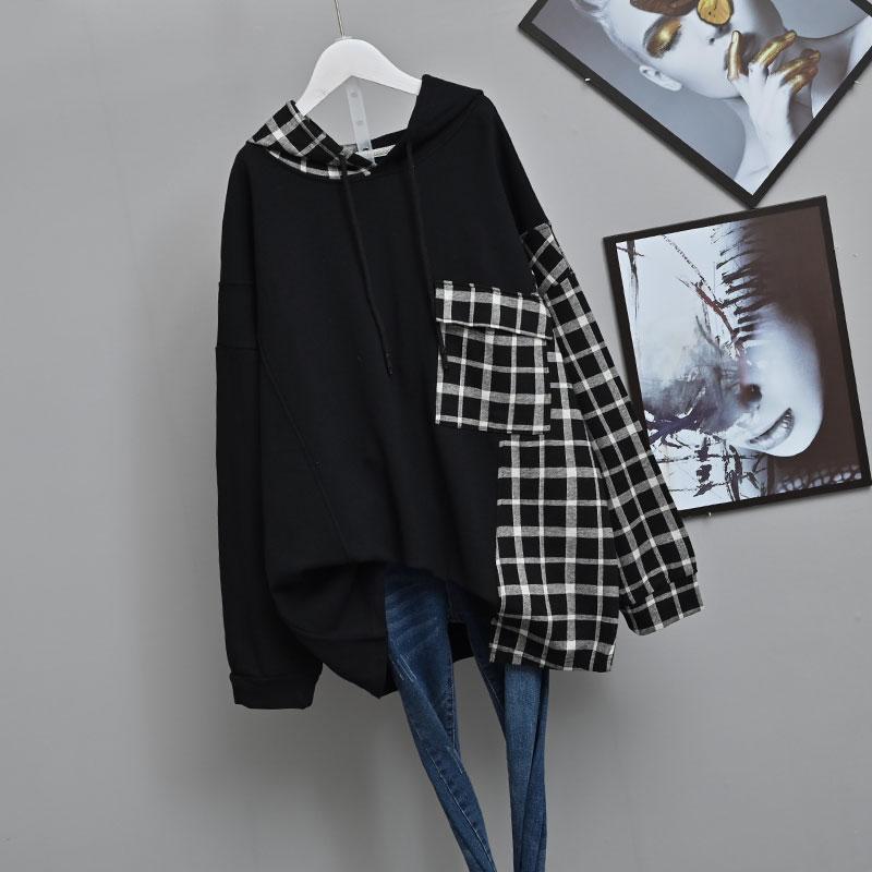 Plus Size Women's Hooded Sweater 2025 Autumn New Korean Loose Splicing Plaid Top