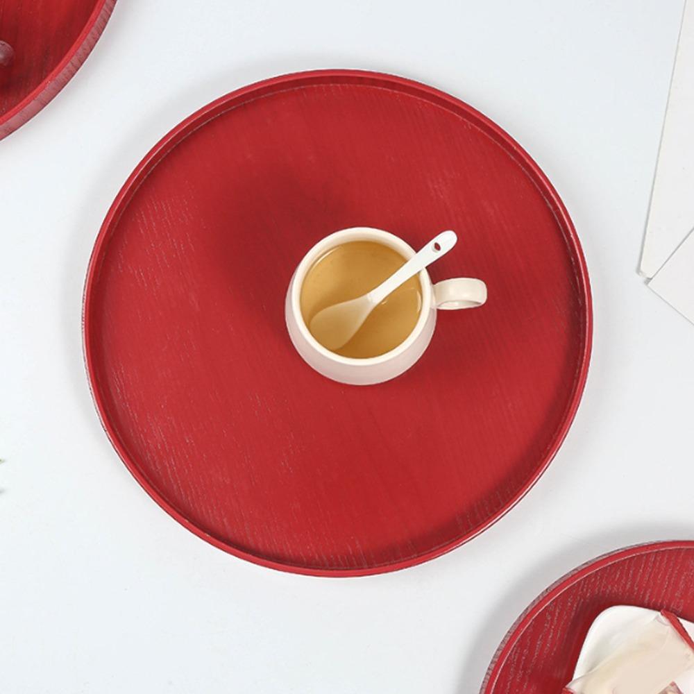 Wooden Tea Tray Round Red Serving Tray Food Meals Serving Round Tea Plate Restaurant 27cm