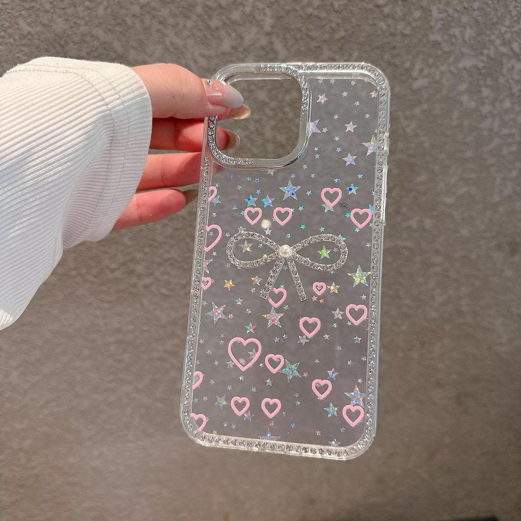 Full-Frame Gradient Floral Rhinestone Phone Case for Apple 17 Pro Max with Bow (Clear, Fits 14/13/12)