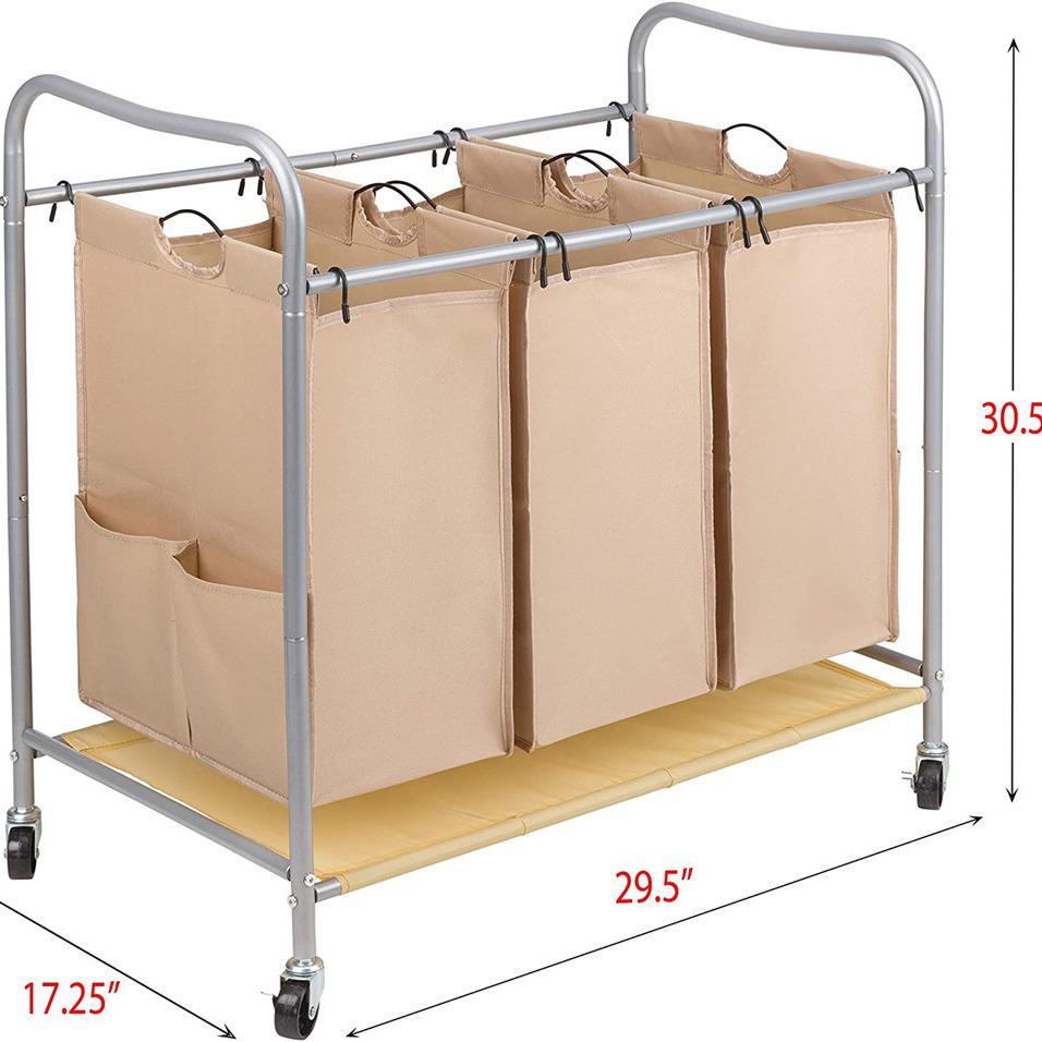 Large Oxford Cloth Laundry Basket with Three Compartments and Wheels for Easy Sorting and Mobility