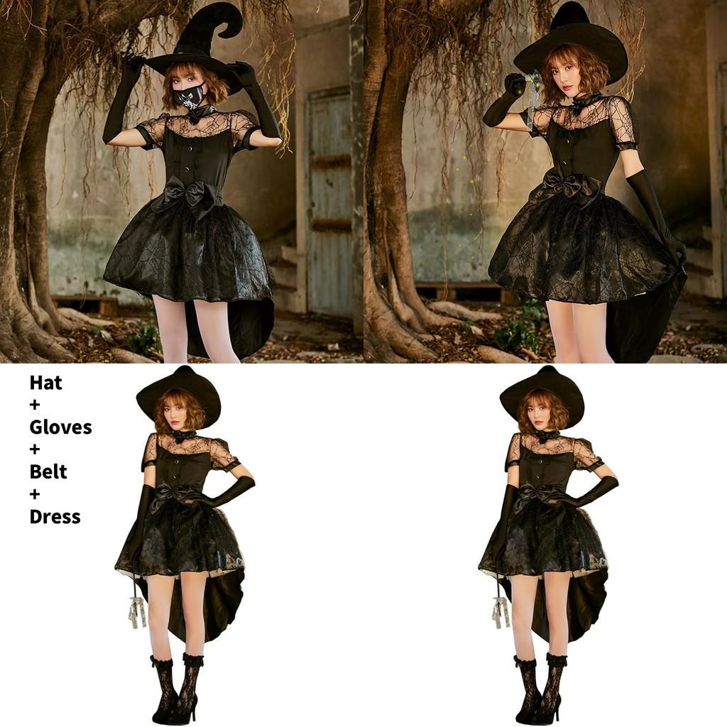 Black Lace Mesh Witch Tailcoat Dress Costume For Halloween Party Cosplay