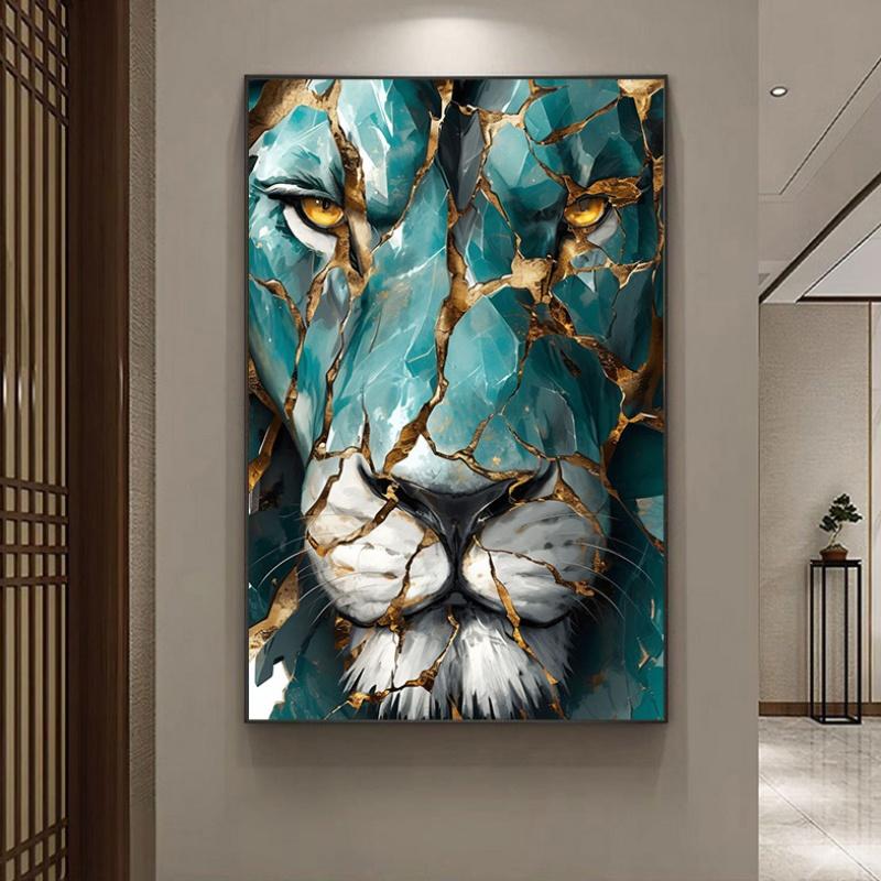 

Modern Abstract Lion Canvas Wall Art, Noframed Golden & Teal Cracked Texture Printing for Living Room Decor 20x40cm No Framed