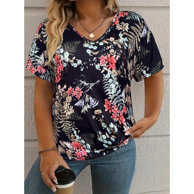 Summer V-neck 3D Retro Flower Printed Top Fashionable Casual Short Sleeved Women's T-shirts