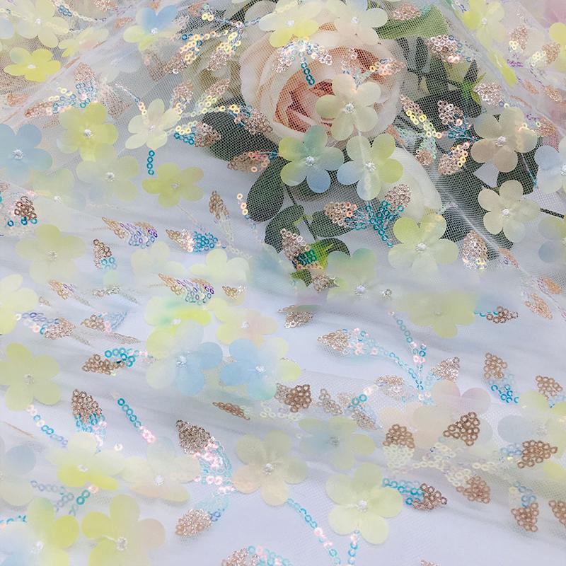 100x130cm 3D Floral Sequin Tulle Fabric Printed Sheer Mesh Cloth Glitter Sequin Net for Wedding Dress DIY Sewing Decor Material