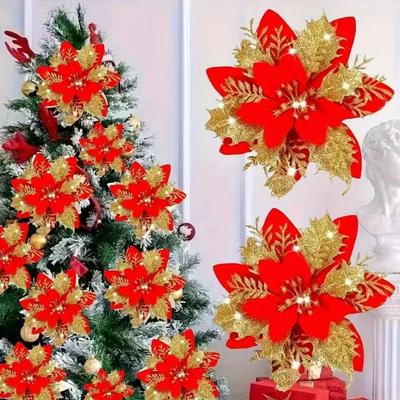 Large Glitter Artificial Christmas Flowers with Clips DIY Fake Flower Xmas Tree Ornaments for Home New Year Decoration Supplies