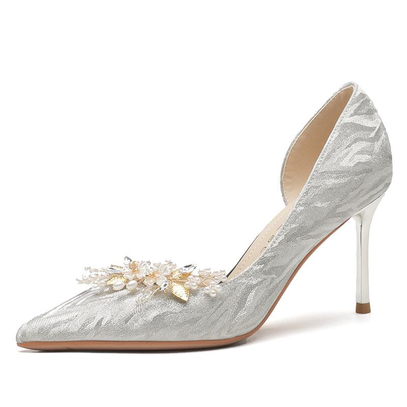 8335-3 High Heels Women's Stiletto 2025 New French Silver Crystal Wedding Shoes Pointed Side Empty Bridal Shoes