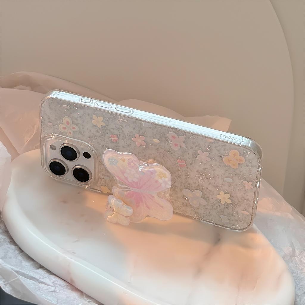 Suitable for Spring and Summer Apple 17pro Max Mobile Phone Case 16 Glitter Powder Iphone14 Butterfly Rotating Bracket 13 Hard