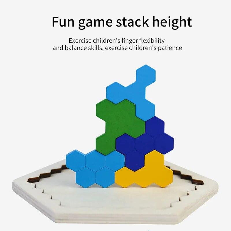 3D Hexagonal Wooden Puzzles Educational Toys For Children Kids Preschool Tangram Board Brain Test Game Montessori Toys Gifts