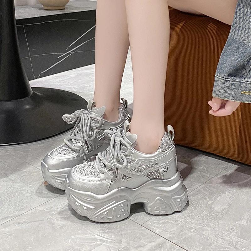 Fashion 11CM Women Casual Platform Sneakers High Heels 2024 New Autumn Sports Leather Shoes Bling Trainers Chunky Sneakers Zapatos Mujer