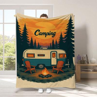 Flanell-Kuscheldecke Weiche Gemütliche Nickerchen-Decke mit Rustikalem Camping-Print Ganzjahres-Überwurf für Outdoor-Liebhaber – Sofa-Deko Geschenk