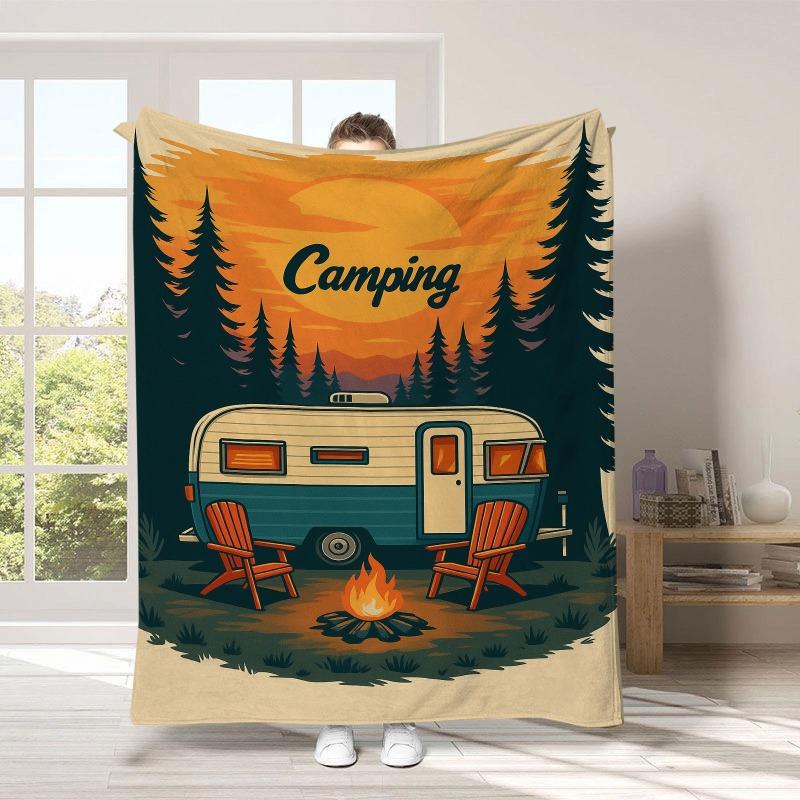 Flannel Throw Blanket Soft Cozy Naptime Blanket with Rustic Camping Print All-Season Throw for Outdoor Lovers – Sofa Decor Gift