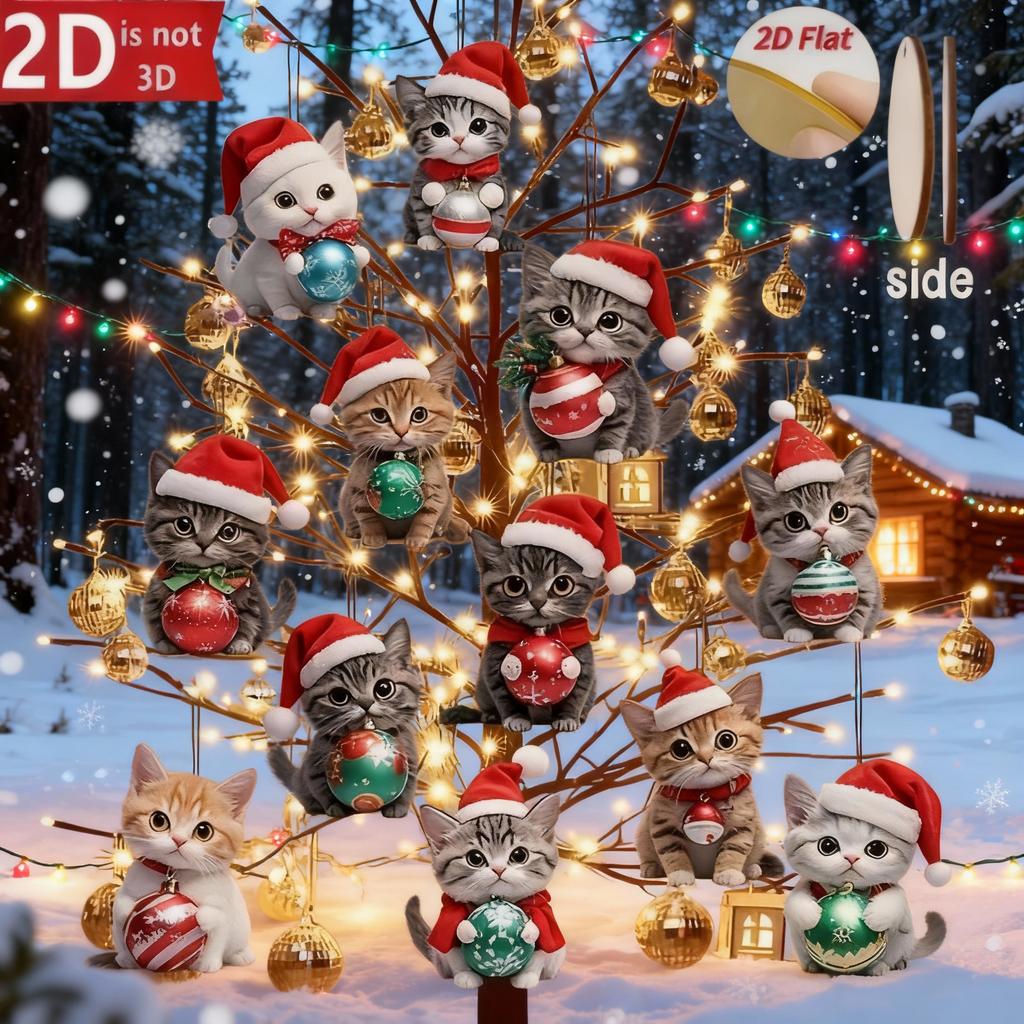 12/24Pcs 2D Christmas Wooden Cat Wall Hanging Hanging Ornament Acrylic Funny Xmas Tree Cat Keychain Key Decoration Gifts