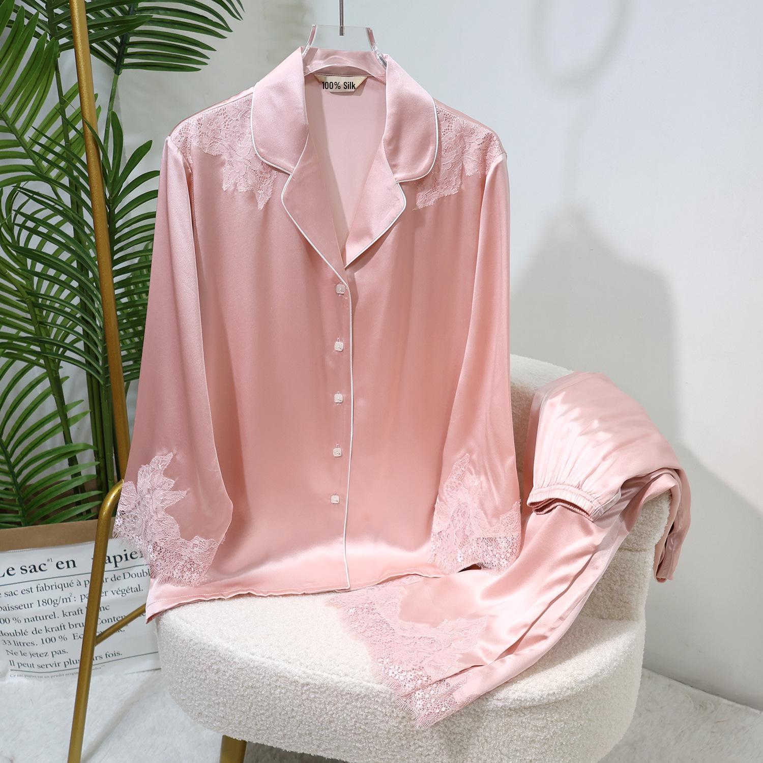 

Женская роскошная пижама из шелка-туссанти с кружевом - с длинным рукавом, ощущение высокого качества XL