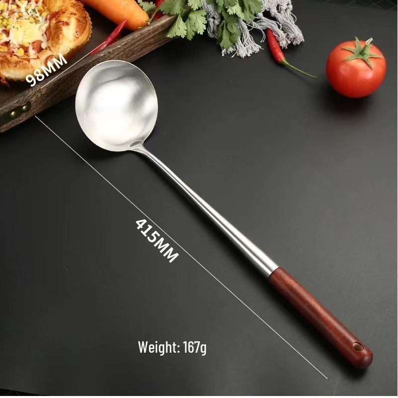 Stainless Steel Spatula with Extended Wooden Handle - High-Temperature Resistant, Anti-Scald Kitchen Utensil for Frying and Stir-Fry Cooking.