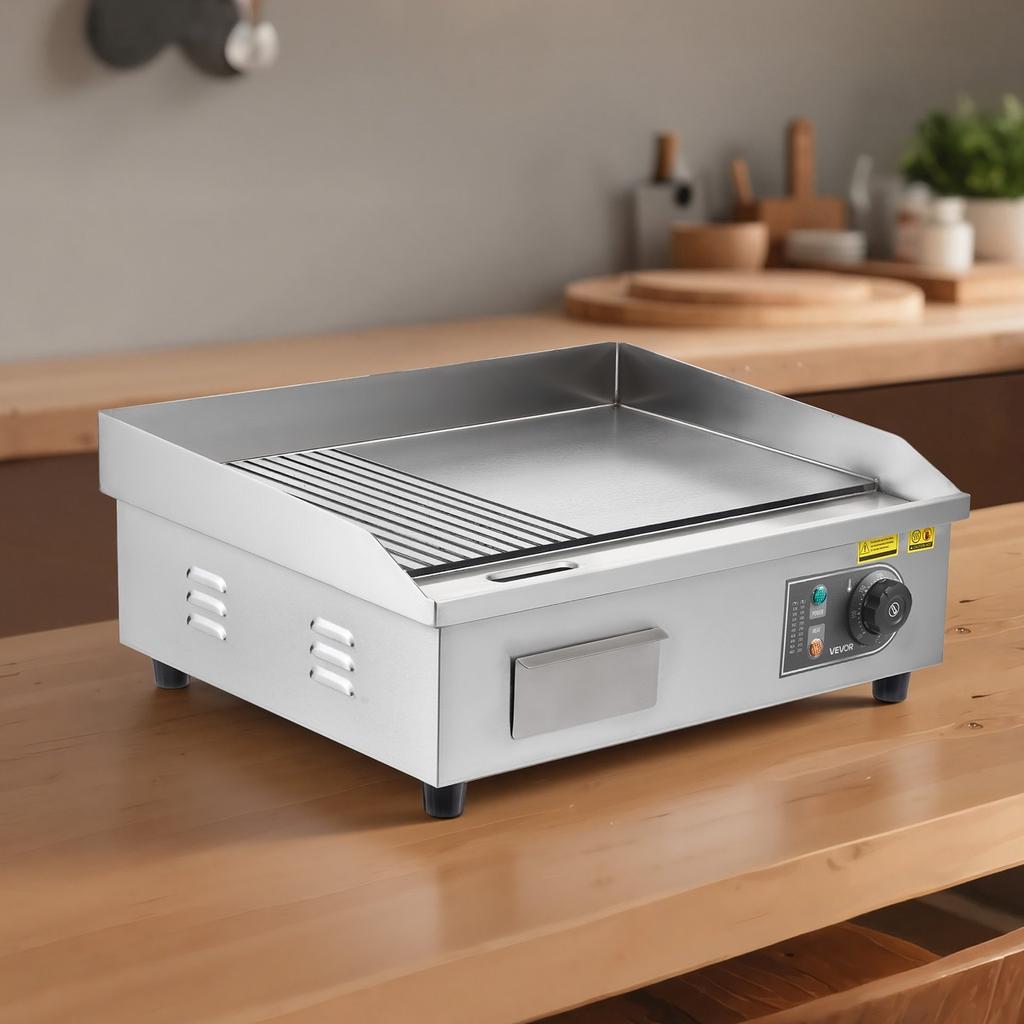 Commercial Electric Griddle, 535 x 300 mm, 3200W, 50-300°C Adjustable Temp Control, Stainless Steel Body, Half Grooved Half Flat, with 2 Spatulas, 2