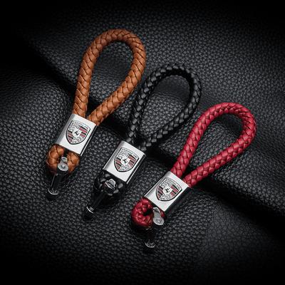 Leather Rope Car Keychain Hand Braided Buckle KeyRing For Cayenne Panamera Macan 911 718 Taycan Boxster Cayman 918 Pajun