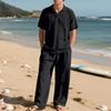 European Men's Casual Linen Short-Sleeve Shirt & Long Pants Set - Breathable Cotton Blend Two-Piece