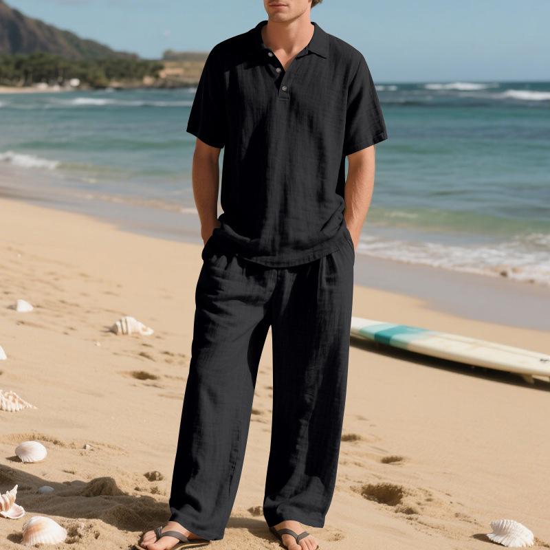 European Men's Casual Linen Short-Sleeve Shirt & Long Pants Set - Breathable Cotton Blend Two-Piece