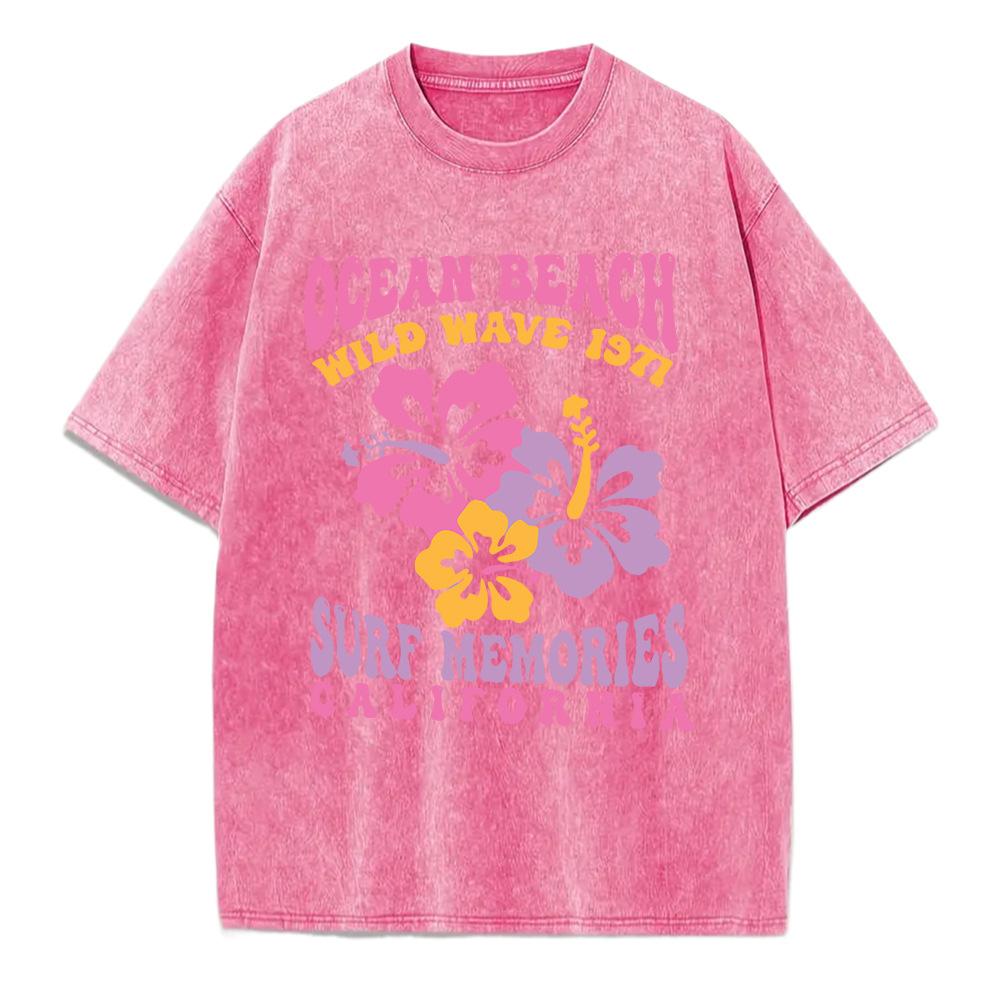 Surf Memories California Printing Washed T-Shirts Womens Cot S розы красного