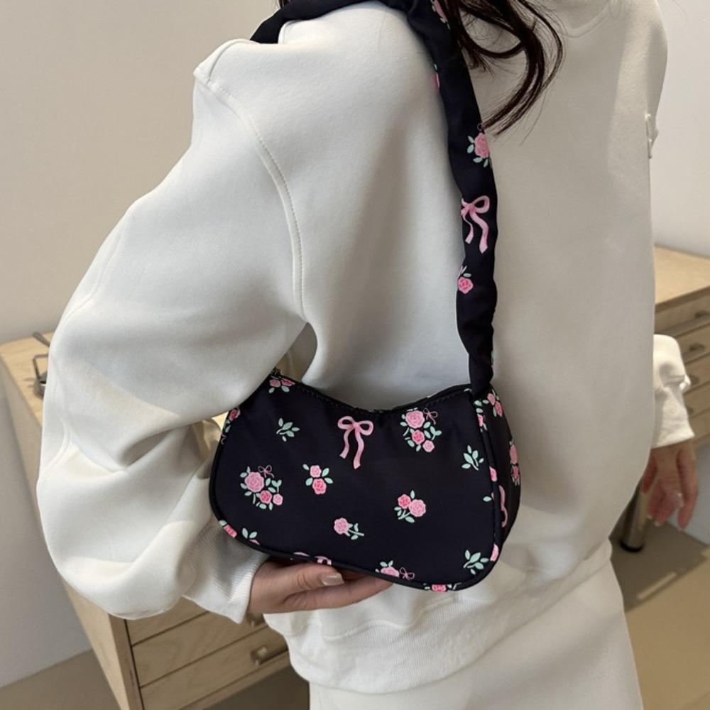 Sweet Flower Pleated Underarm Bag Ruched Floral Shoulder Bag Simple Nylon Handbag  Woman