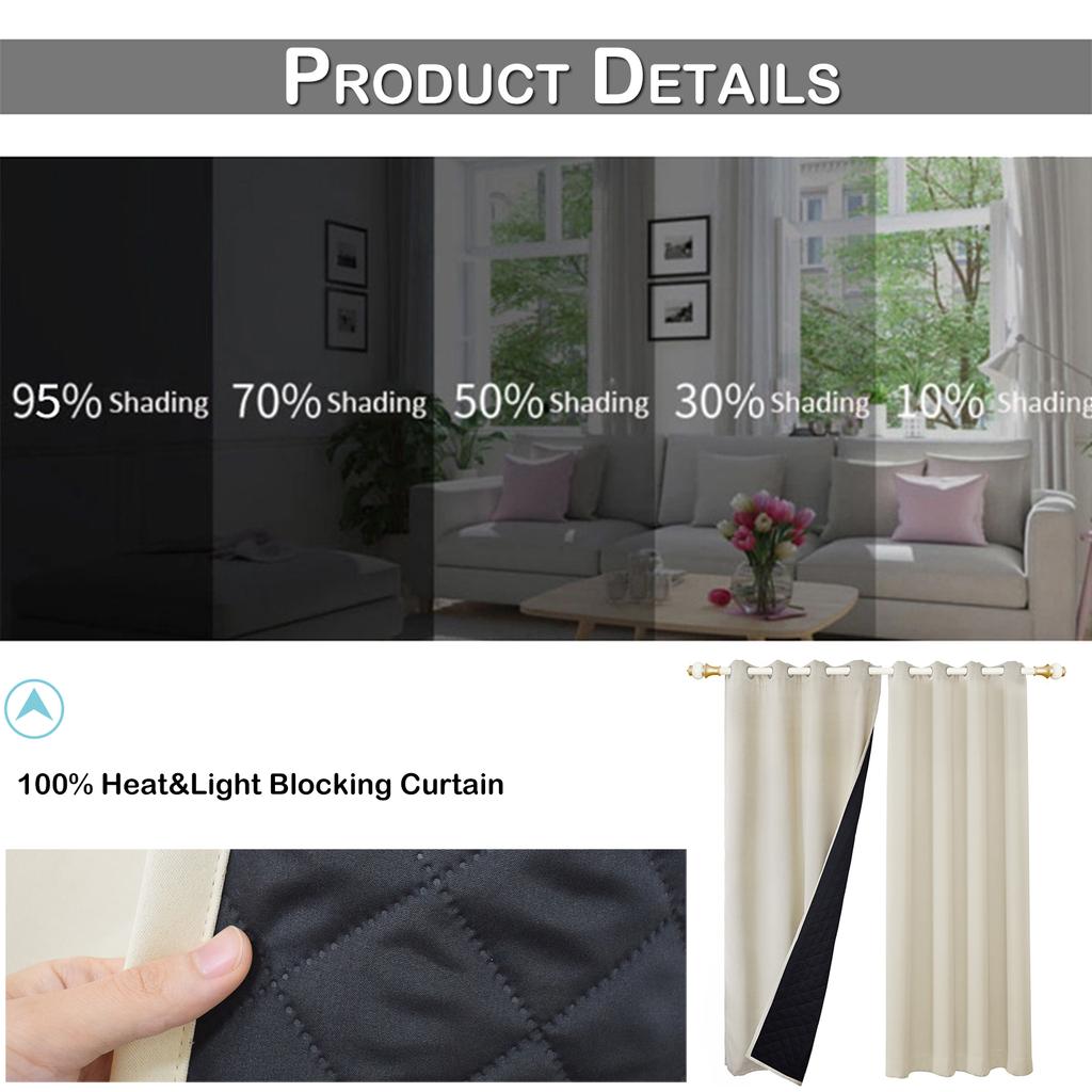 Heavy Duty Quilted Curtains Panel Living Room 100% Blackout Curtains Eyelet Heat Blocking Winter Keep Warm Thermal Window Drapes