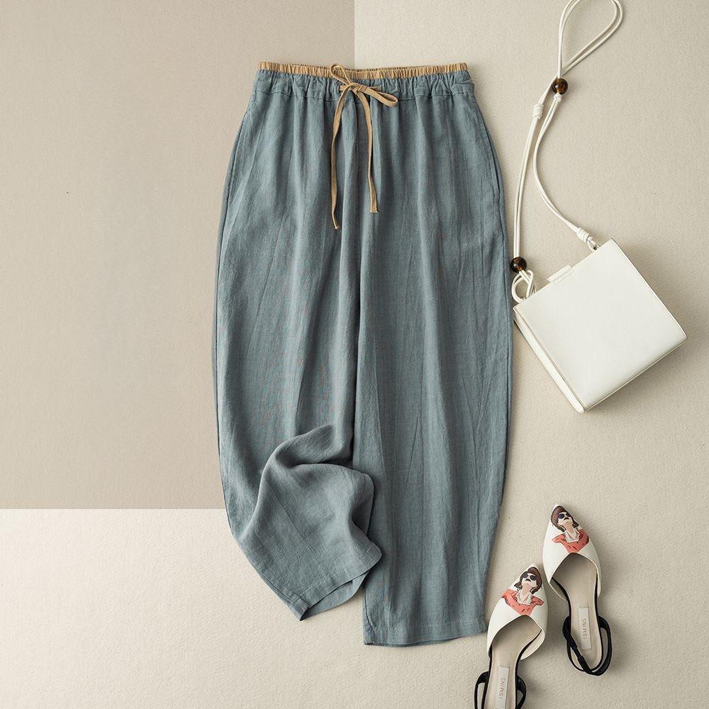 

Retro Commuting Pants Korean Version Minimalist Style Linen Wide Leg Casual Pants Women s Loose Hanging Straight Leg 3XL синій