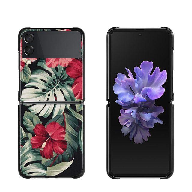 Phone Case For Samsung Galaxy Z Flip3 5g Back Pc Case For Samsung Z Flip Capa Black Shell Hard Fundas Vintage Banana Leaf Flower