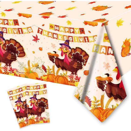 1 Pack Thanksgiving Fall Tablecloth Disposable - 108" × 54", Fall Table Cloth Autumn Harvest Turkey Pumpkin Leaves Tablecover Plastic Rectangle