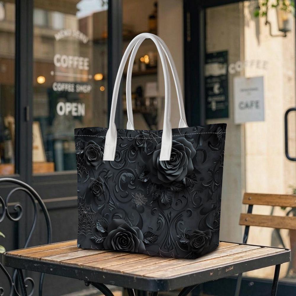 Gothic Black Rose Pattern Tote Bag Casual Fashion Daily Shoulder Handbag for Women