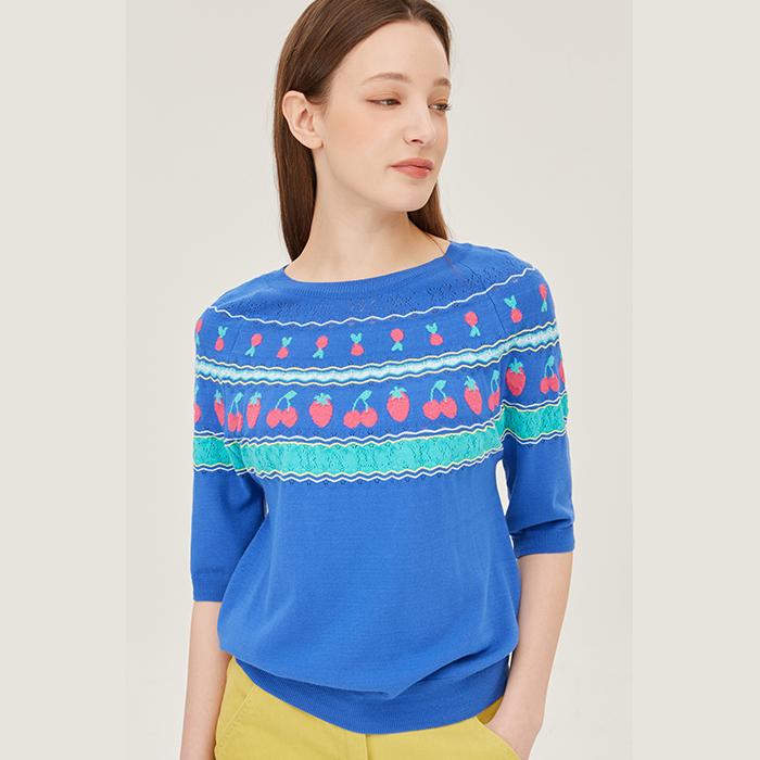 Benetong Berry Jacquard Short Sleeve Knit _Bakp59531Bl