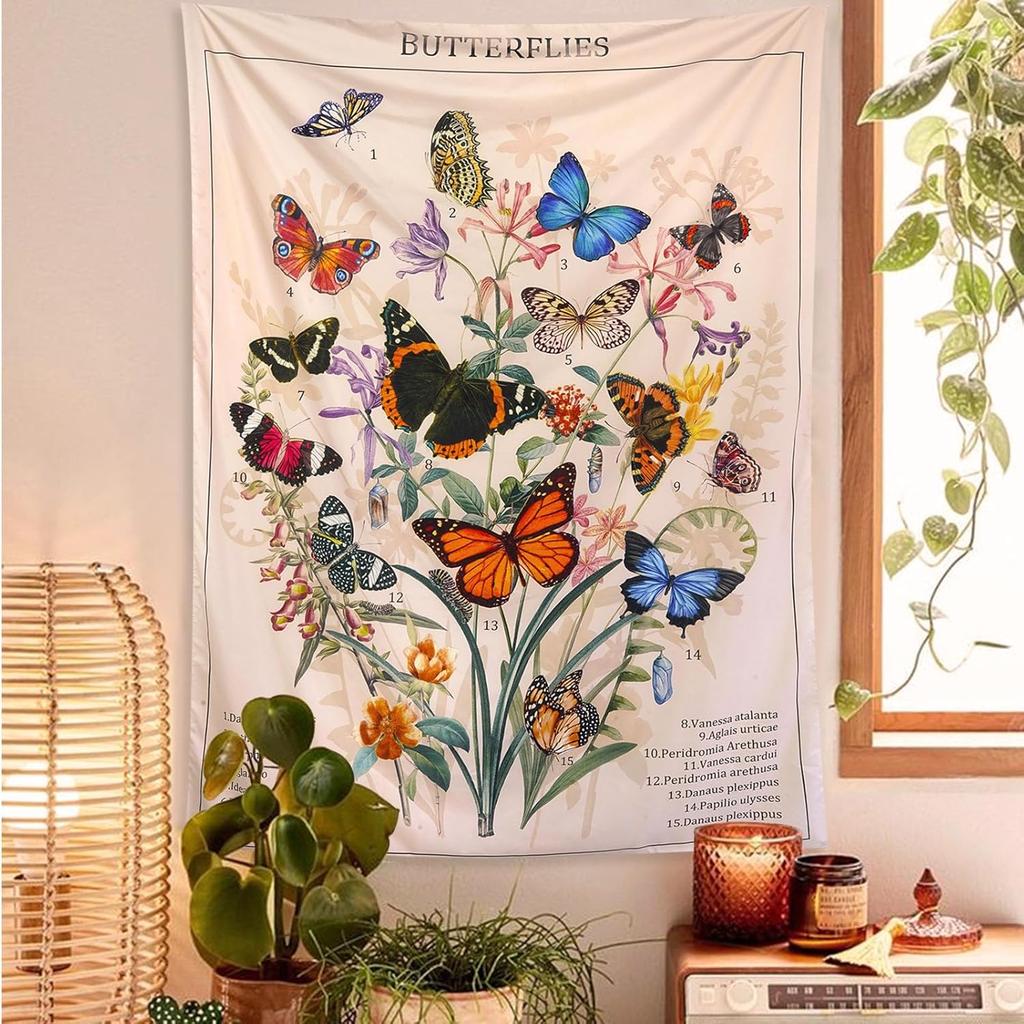 Zussun Butterfly Tapestry Vertical Vintage Floral Tapestries for Bedroom Aesthetic Flower Plant Tapestrys Wall Hanging Retro Beige Cute Colorful Art