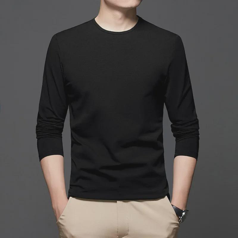 "2024 Men's White Cotton Long-Sleeve Crew Neck T-Shirt - Casual Spring & Autumn Top"