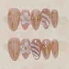 10Pcs Nude Pink Short Almond Press On Nails With Gold Stripe Bow 3D Floral White French Tip Reusable Stick On Manicure