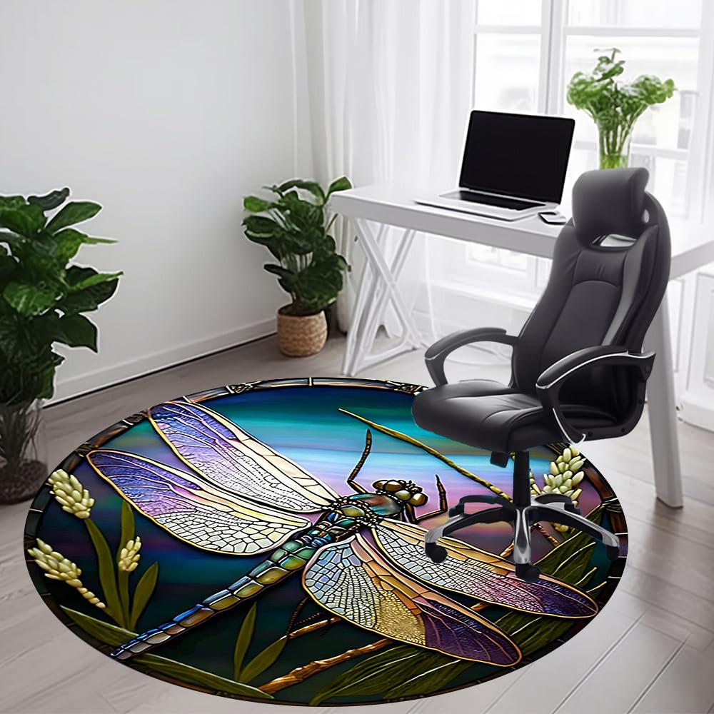 1PC Dragonfly StainedGlass Office Round Area Rug,  Mat Suitable ForOffice, Under Office Chairs Bedroom Living Room Home Decor, Room Deco