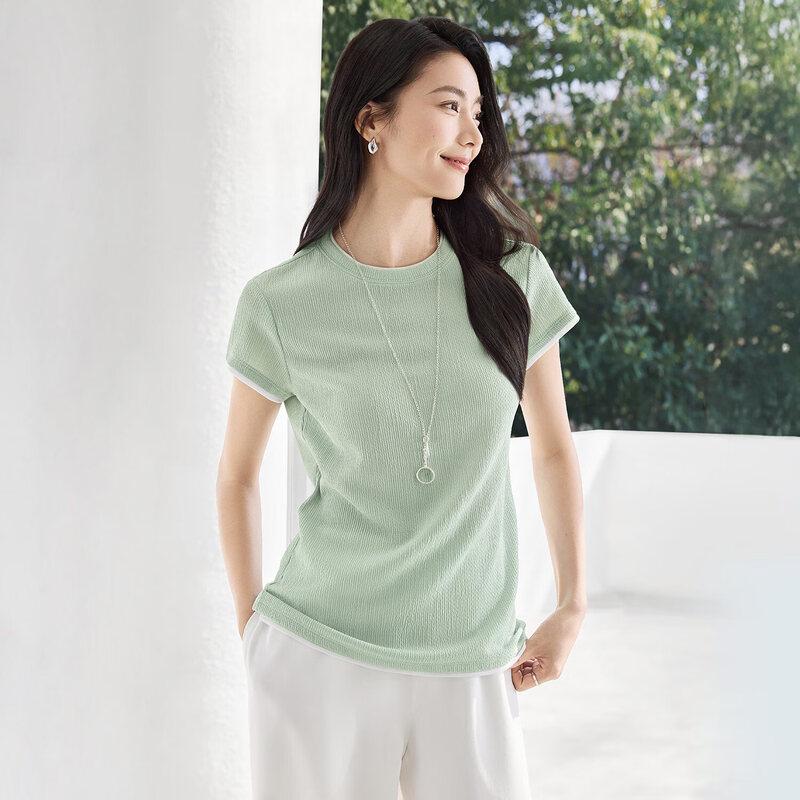 IHIMI Women s Faux Two-Piece Textured Short-Sleeve T-Shirt M