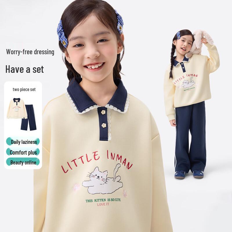 

Xiaoyiman Kids Color-block Polo Cat Print Top & Pants Set 140