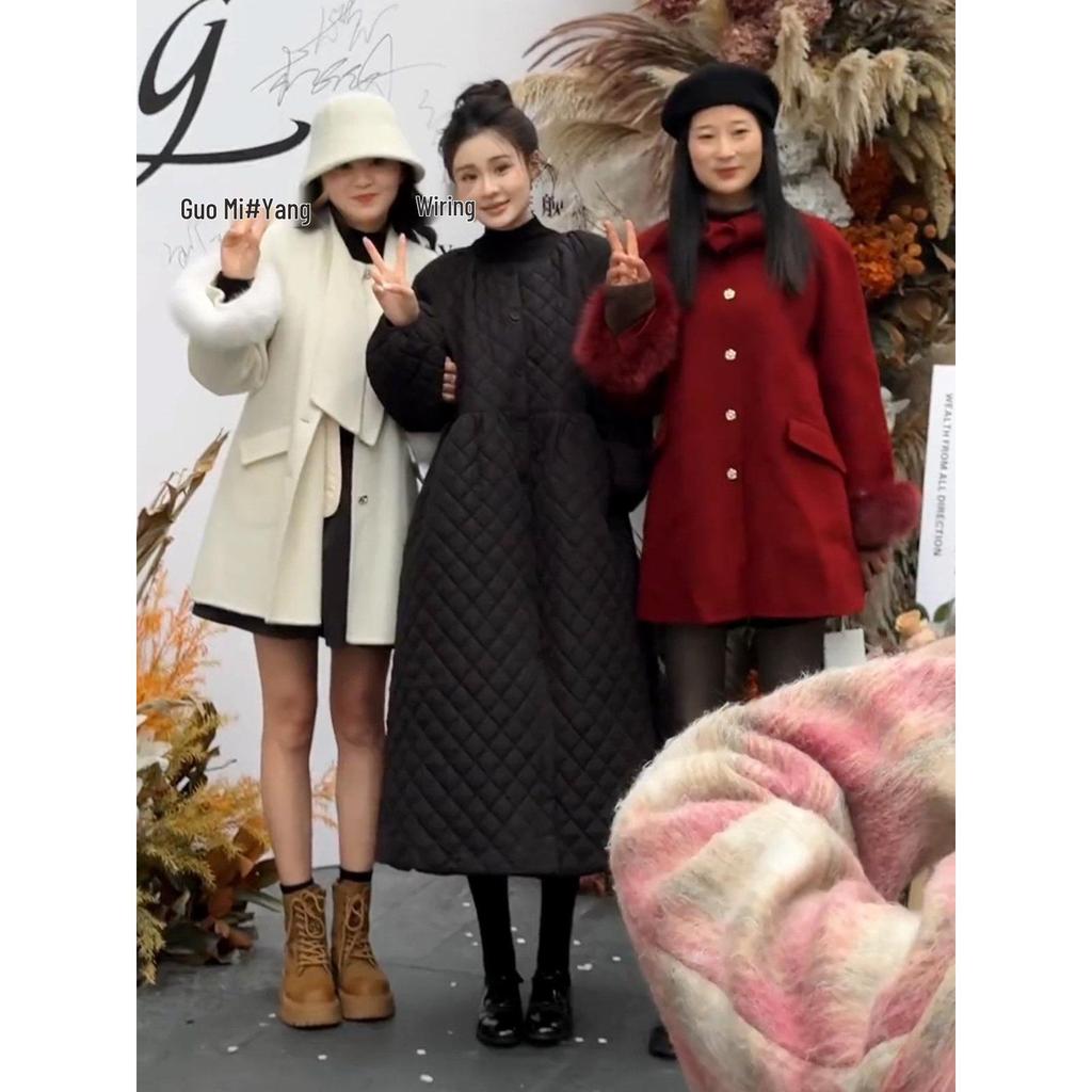 Korean Elegant Loose Hepburn Style Waist-Cinched Cotton Dress for Women - Slimming Mid-Length Winter Coat