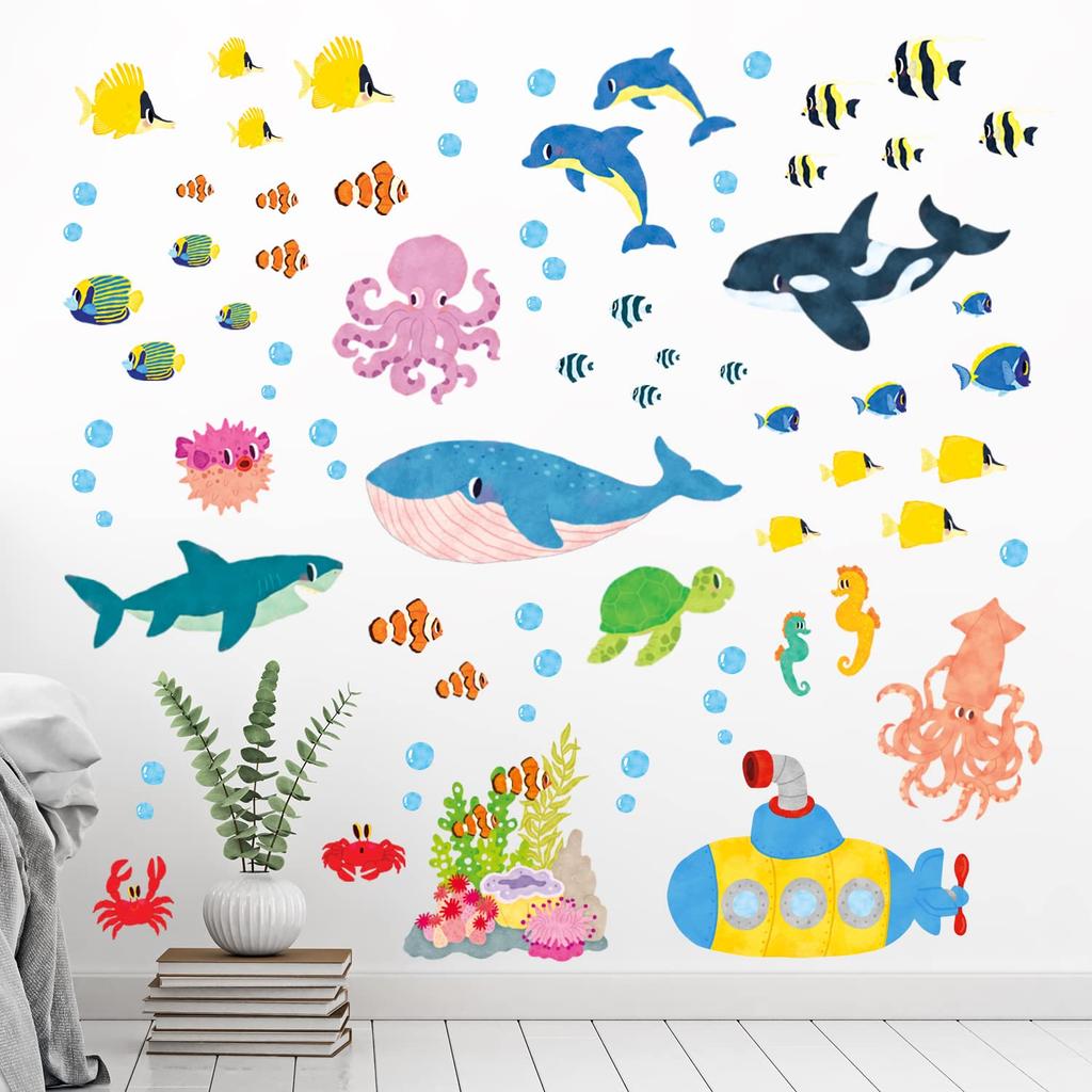 DECOWALL Underwater Marine Life Wall Stickers Decorative Wall Art for DIY Projects Wall Transfer Stickers for and Children Bathroom Room Decorative