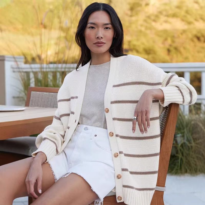 European and American New Fashion Casual Loose Striped Knitted Cardigan sweater Cardigan Knitted Sweater