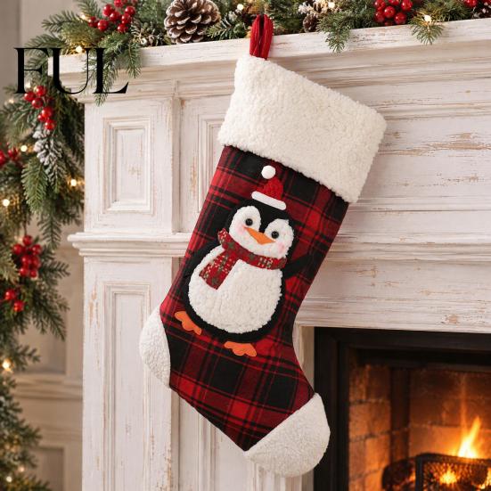 Candy Storage Bags for Christmas Red Black Plaid Stocking, 3D Cartoon Santa/Snowman/Elk/Penguin Patterns Design, Decorative Socks Winter Holidays