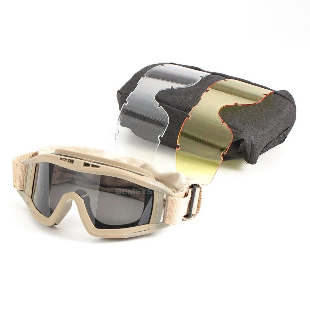 Military Airsoft Tactical Goggles Shooting Glasses Motorcycle Windproof Paintball CS Wargame Hiking 3 Lens Black Tan Green