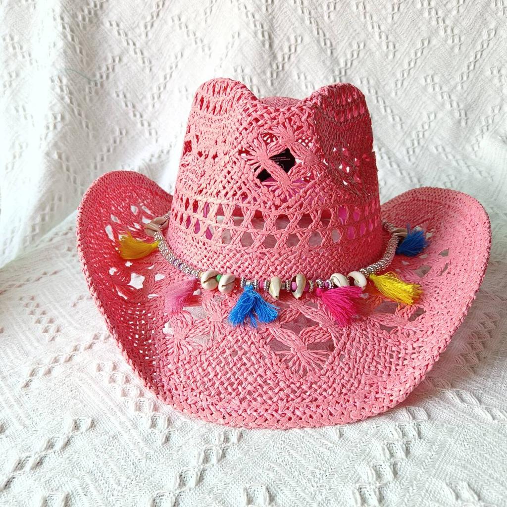 Cappelli Gialli Estivi da Uomo Stile Western Intrecciati a Mano in Paglia Cappello Jazz da Sole da Spiaggia Cappellino da Cowgirl Donna Rosa Shocking Monocolore Sombrero Uomo